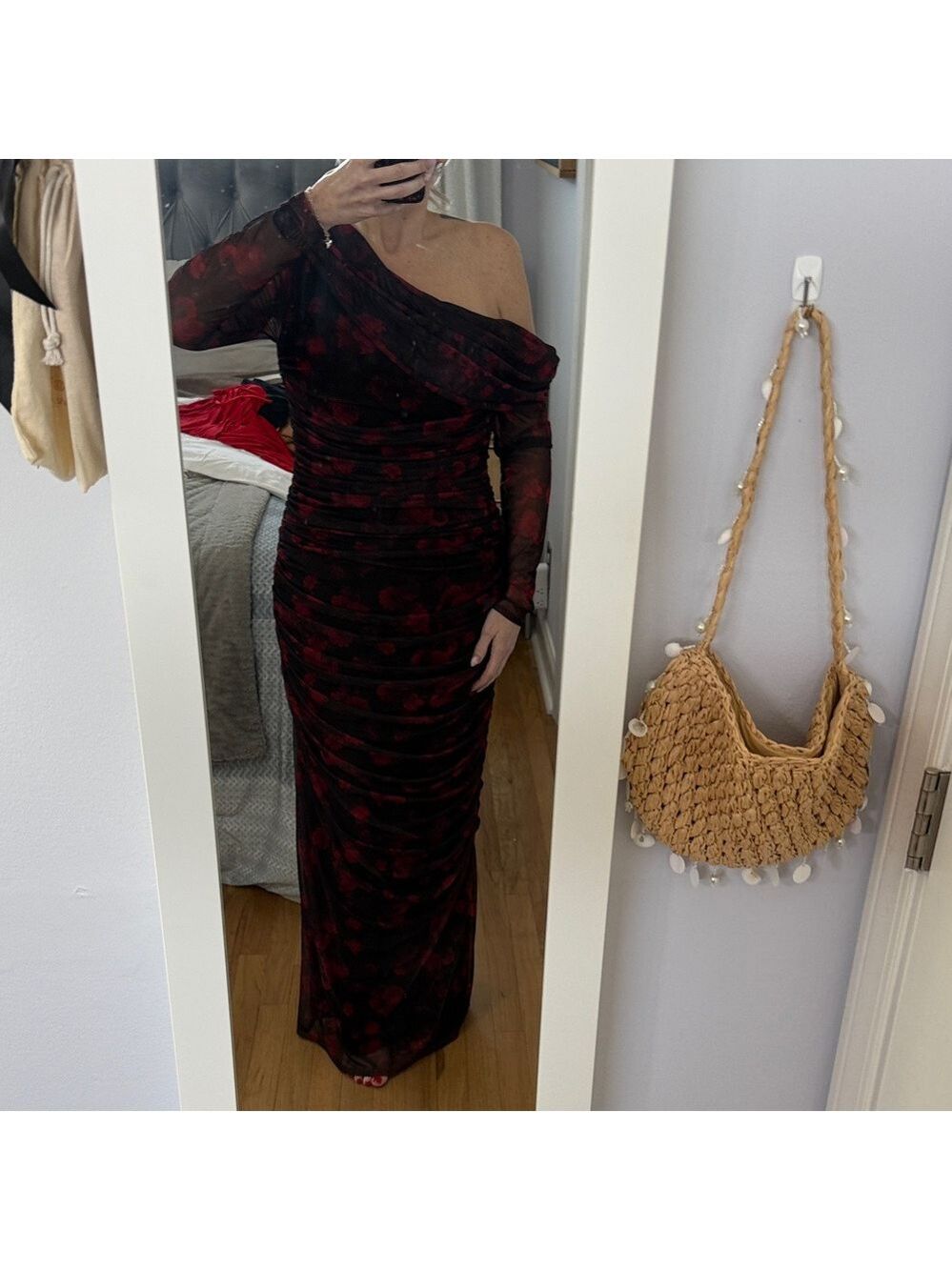 One-Shoulder Red and Black Floral Dress